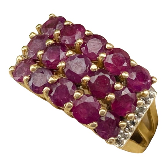 14k Solid Yellow Gold Estate Genuine Ruby Diamond Cocktail Pave Ring - Picture 8 of 9